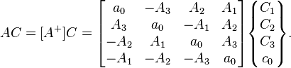  
AC = [A^+] C =
\begin{bmatrix}
a_0 & -A_3 & A_2 & A_1 \\
A_3 & a_0 & -A_1 & A_2 \\
-A_2 & A_1 & a_0  & A_3 \\
-A_1 & -A_2 & -A_3 & a_0
\end{bmatrix}
\begin{Bmatrix} C_1 \\ C_2 \\ C_3 \\ c_0 \end{Bmatrix}.
