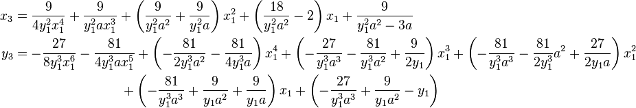 \begin{align}
x_3 &= \frac{9}{4y_1^2 x_1^4}+\frac{9}{y_1^2ax_1^3}+ \left (\frac{9}{y_1^2a^2}+\frac{9}{y_1^2a} \right )x_1^2+ \left (\frac{18}{y_1^2a^2}-2 \right ) x_1+\frac{9}{y_1^2a^2-3a} \\
y_3 &= -\frac{27}{8y_1^3x_1^6}-\frac{81}{4y_1^3ax_1^5}+ \left (-\frac{81}{2y_1^3a^2}-\frac{81}{4y_1^3a} \right )x_1^4+ \left (-\frac{27}{y_1^3a^3}-\frac{81}{y_1^3a^2}+\frac{9}{2y_1} \right )x_1^3+ \left (-\frac{81}{y_1^3a^3}-\frac{81}{2y_1^3}a^2+\frac{27}{2y_1a} \right)x_1^2 \\
& \qquad \qquad \qquad \qquad+ \left (-\frac{81}{y_1^3a^3}+\frac{9}{y_1a^2}+\frac{9}{y_1a} \right )x_1 + \left (-\frac{27}{y_1^3a^3}+\frac{9}{y_1a^2}-y_1 \right )
\end{align}