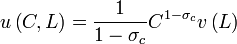  u\left( {C,L} \right) = \frac{1}{{1 - {\sigma _c}}}{C^{1 - {\sigma _c}}}v\left( L \right) 