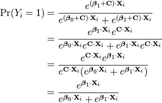 
\begin{align}
\Pr(Y_i=1) &= \frac{e^{(\boldsymbol\beta_1 +\mathbf{C}) \cdot \mathbf{X}_i}}{e^{(\boldsymbol\beta_0  +\mathbf{C})\cdot \mathbf{X}_i} + e^{(\boldsymbol\beta_1 +\mathbf{C}) \cdot \mathbf{X}_i}} \, \\
&= \frac{e^{\boldsymbol\beta_1 \cdot \mathbf{X}_i} e^{\mathbf{C} \cdot \mathbf{X}_i}}{e^{\boldsymbol\beta_0 \cdot \mathbf{X}_i} e^{\mathbf{C} \cdot \mathbf{X}_i} + e^{\boldsymbol\beta_1 \cdot \mathbf{X}_i} e^{\mathbf{C} \cdot \mathbf{X}_i}} \, \\
&= \frac{e^{\mathbf{C} \cdot \mathbf{X}_i}e^{\boldsymbol\beta_1 \cdot \mathbf{X}_i}}{e^{\mathbf{C} \cdot \mathbf{X}_i}(e^{\boldsymbol\beta_0 \cdot \mathbf{X}_i} + e^{\boldsymbol\beta_1 \cdot \mathbf{X}_i})} \, \\
&= \frac{e^{\boldsymbol\beta_1 \cdot \mathbf{X}_i}}{e^{\boldsymbol\beta_0 \cdot \mathbf{X}_i} + e^{\boldsymbol\beta_1 \cdot \mathbf{X}_i}} \, \\
\end{align}
