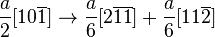 
\begin{align}
\frac{a}{2} [ 1 0 \overline{1} ]\rightarrow \frac{a}{6} [ 2 \overline{1} \overline{1} ]+\frac{a}{6} [ 1 1 \overline{2} ]
\end{align}