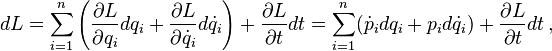 dL = \sum_{i=1}^n \left(\frac{\partial L }{\partial q_i}dq_i + \frac{\partial L }{\partial \dot{q}_i}d\dot{q}_i\right) + \frac{\partial L }{\partial t}dt = \sum_{i=1}^n (\dot{p}_i dq_i + p_i d\dot{q}_i ) + \frac{\partial L }{\partial t}dt  \,, 