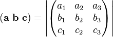 (\mathbf{a}\ \mathbf{b}\ \mathbf{c})=\left|\begin{pmatrix}
 a_1 & a_2 & a_3 \\
 b_1 & b_2 & b_3 \\
 c_1 & c_2 & c_3 \\
\end{pmatrix}\right|