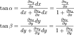 
  \begin{align}
    \tan \alpha & =\frac{\tfrac{\partial u_y}{\partial x}dx}{dx+\tfrac{\partial u_x}{\partial x}dx}=\frac{\tfrac{\partial u_y}{\partial x}}{1+\tfrac{\partial u_x}{\partial x}} \\
    \tan \beta & =\frac{\tfrac{\partial u_x}{\partial y}dy}{dy+\tfrac{\partial u_y}{\partial y}dy}=\frac{\tfrac{\partial u_x}{\partial y}}{1+\tfrac{\partial u_y}{\partial y}}
  \end{align}
