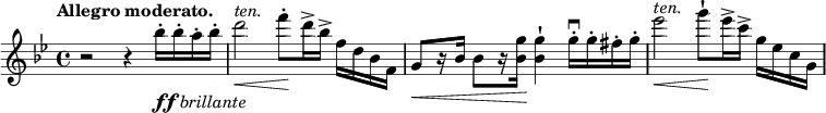 
\relative c' { \key bes \major \time 4/4 \tempo "Allegro moderato."
 r2 r4 bes''16-._\markup { \dynamic ff \italic brillante } bes-. a-. bes-. d2\< ^\markup \italic ten. f8-.\! d16-> bes-> f d bes f
 g8\<[ r16 bes] bes8[ r16 <g' bes,>\!] <g bes,>4-| g16-.\downbow g-. fis-. g-. es'2\< ^\markup \italic ten. g8-|\! es16-> c-> g es c g
}
