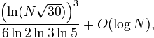 \frac{\left(\ln(N\sqrt{30})\right)^3}{6\ln 2 \ln 3 \ln 5}+O(\log N),