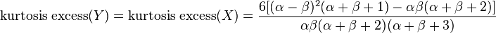  \text{kurtosis excess}(Y) =\text{kurtosis excess}(X)=\frac{6[(\alpha - \beta)^2 (\alpha +\beta + 1) - \alpha \beta (\alpha + \beta + 2)]}
{\alpha \beta (\alpha + \beta + 2) (\alpha + \beta + 3)} 