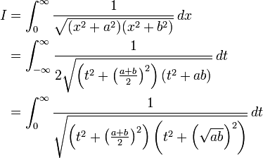 \begin{align}I & = \int _0^\infty \frac{1}{\sqrt{(x^2 + a^2) (x^2 + b^2)}} \, dx \\
 & = \int _{- \infty}^\infty \frac{1}{2 \sqrt{\left( t^2 + \left( \frac{a + b}{2}\right)^2 \right) (t^2 + a b)}} \, dt \\
 & = \int _0^\infty\frac{1}{\sqrt{\left( t^2 + \left( \frac{a + b}{2}\right)^2\right) \left(t^2 + \left(\sqrt{a b}\right)^2\right)}} \, dt \end{align}