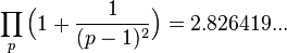  \prod_{p} \Big(1 + \frac{1}{(p-1)^2}\Big) = 2.826419... 