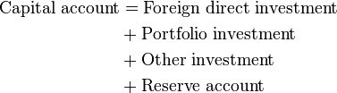 
\begin{align}
 \mbox{Capital account} & = \mbox{Foreign direct investment} \\
   & + \mbox{Portfolio investment} \\
   & + \mbox{Other investment} \\
   & + \mbox{Reserve account} \\
\end{align}
