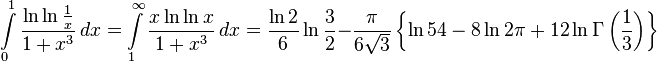  
 \int\limits_0^1 \frac{\ln\ln\frac{1}{x}}{1+x^3}\,dx 
=\int\limits_1^\infty \frac{x\ln\ln x}{1+x^3}\,dx 
=\frac{\ln2}{6}\ln\frac{3}{2}-\frac{\pi}{6\sqrt3}
\left\{\ln54-8\ln2\pi+12\ln\Gamma\left(\frac{1}{3}\right) \right\}
