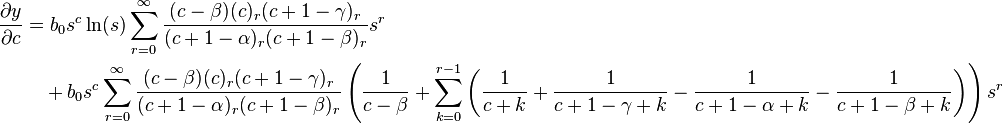 \begin{align}
 \frac{\partial y}{\partial c} &= b_0 s^c \ln(s) \sum_{r = 0}^\infty \frac{(c - \beta)(c)_r (c + 1 - \gamma)_r}{(c + 1 - \alpha)_r (c + 1 - \beta)_r} s^r \\ 
  & \quad + b_0 s^c \sum_{r = 0}^\infty \frac{(c - \beta) (c)_r (c + 1 - \gamma)_r}{(c + 1 - \alpha)_r (c + 1 - \beta)_r} \left (\frac{1}{c - \beta} + \sum_{k = 0}^{r - 1} \left(\frac{1}{c + k} + \frac{1}{c + 1 - \gamma + k} - \frac{1}{c + 1 - \alpha + k}- \frac{1}{c + 1 - \beta + k} \right) \right) s^r
\end{align} 