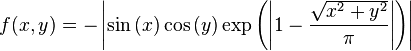 f(x,y) = - \left|\sin \left(x\right) \cos \left(y\right) \exp \left(\left|1 - \frac{\sqrt{x^{2} + y^{2}}}{\pi} \right|\right)\right|