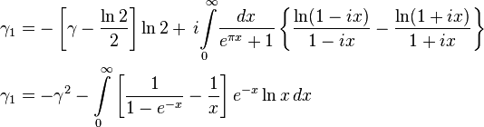 {\begin{array}{l}\displaystyle \gamma _{1}=-\left[\gamma -{\frac {\ln 2}{2}}\right]\ln 2+\,i\!\int \limits _{0}^{\infty }\!{\frac {dx}{e^{\pi x}+1}}\left\{{\frac {\ln(1-ix)}{1-ix}}-{\frac {\ln(1+ix)}{1+ix}}\right\}\,\\[6mm]\displaystyle \gamma _{1}=-\gamma ^{2}-\int \limits _{0}^{\infty }\left[{\frac {1}{1-e^{-x}}}-{\frac {1}{x}}\right]e^{-x}\ln x\,dx\end{array}}