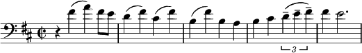 
\version "2.14.2"
\relative c' {
\clef bass
\key d \major
\time 2/2
\set Score.tempoHideNote = ##t
\tempo 2 = 70
r4 fis( a) fis8 e 
d4( fis) cis( fis)
b,( fis') b, a
b cis \times 2/3 {d--( e-- fis--)}
fis e2. 
}
