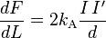 \frac{dF}{dL} = 2 k_{\rm A}\frac{I \, I^\prime}{d}