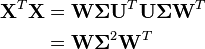 \begin{align}
\mathbf{X}^T\mathbf{X} & = \mathbf{W}\mathbf{\Sigma}\mathbf{U}^T \mathbf{U}\mathbf{\Sigma}\mathbf{W}^T \\
                       & = \mathbf{W}\mathbf{\Sigma}^2\mathbf{W}^T
\end{align}