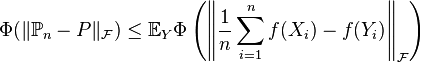 \Phi(\|\mathbb{P}_n - P\|_{\mathcal{F}}) \leq \mathbb{E}_{Y} \Phi \left(\left\| \dfrac{1}{n}\sum_{i = 1}^n f(X_i) - f(Y_i) \right\|_{\mathcal{F}} \right)