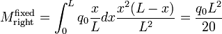 M_{\mathrm{right}}^{\mathrm{fixed}} = \int_{0}^{L} q_0 \frac{x}{L} dx \frac{ x^2 (L-x)}{L^2} = \frac{q_0 L^2}{20}