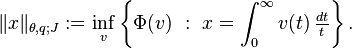 \|x\|_{\theta,q;J} := \inf_v \left\{ \Phi(v) \ :\ x = \int_0^\infty v(t) \, \tfrac{dt}{t} \right\}.