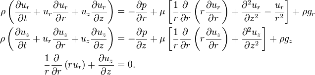 \begin{align}
  \rho \left(\frac{\partial u_r}{\partial t} + u_r \frac{\partial u_r}{\partial r} + u_z \frac{\partial u_r}{\partial z}\right)
    &= -\frac{\partial p}{\partial r} + \mu \left[\frac{1}{r}\frac{\partial}{\partial r}\left(r \frac{\partial u_r}{\partial r}\right) +
       \frac{\partial^2 u_r}{\partial z^2} - \frac{u_r}{r^2}\right] + \rho g_r \\
  \rho \left(\frac{\partial u_z}{\partial t} + u_r \frac{\partial u_z}{\partial r} + u_z \frac{\partial u_z}{\partial z}\right)
    &= -\frac{\partial p}{\partial z} + \mu \left[\frac{1}{r}\frac{\partial}{\partial r}\left(r \frac{\partial u_z}{\partial r}\right) +
       \frac{\partial^2 u_z}{\partial z^2}\right] + \rho g_z \\
  \frac{1}{r}\frac{\partial}{\partial r}\left(r u_r\right) + \frac{\partial u_z}{\partial z} &= 0.
\end{align}