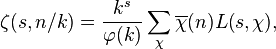 \zeta(s,n/k)=\frac{k^s}{\varphi(k)}\sum_\chi\overline{\chi}(n)L(s,\chi),