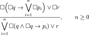 \frac{\displaystyle\Box\Bigl(\Box q\to\bigvee_{i=1}^n\Box p_i\Bigr)\lor\Box r}{\displaystyle\bigvee_{i=1}^n\Box(q\land\Box q\to p_i)\lor r},\qquad n\ge0