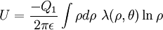 
U = \frac{-Q_{1}}{2\pi\epsilon} \int \rho d\rho \ \lambda(\rho, \theta) \ln \rho 
