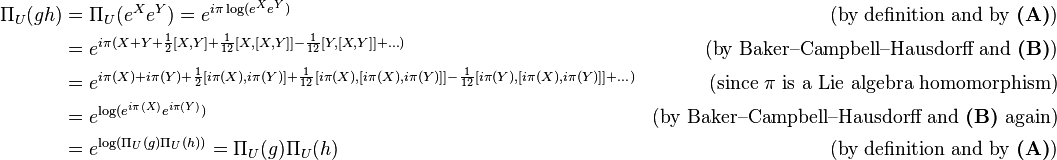 \begin{align}\Pi_U(gh) &= \Pi_U(e^Xe^Y) = e^{i\pi \log(e^Xe^Y)} &\text{(by definition and by }\textbf{(A)}\text{)}\\
&= e^{i\pi(X + Y + \frac{1}{2}[X, Y] + \frac{1}{12}[X, [X, Y]] -\frac{1}{12}[Y, [X, Y]] + \ldots)} &\text{(by Baker–Campbell–Hausdorff and }\textbf{(B)}\text{)}\\
&= e^{i\pi(X) + i\pi(Y) + \frac{1}{2}[i\pi(X), i\pi(Y)] + \frac{1}{12}[i\pi(X), [i\pi(X), i\pi(Y)]] -\frac{1}{12}[i\pi(Y), [i\pi(X), i\pi(Y)]] + \ldots)} &\text{(since }\pi \text{ is a Lie algebra homomorphism)}\\
&= e^{\log (e^{i\pi(X)}e^{i\pi(Y)})} &\text{(by Baker–Campbell–Hausdorff and }\textbf{(B)}\text{ again)}\\
&= e^{\log(\Pi_U(g)\Pi_U(h))} = \Pi_U(g)\Pi_U(h) &\text{(by definition and by }\textbf{(A)}\text{)}\\
\end{align}