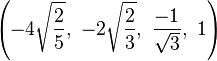 \left(-4{\sqrt {\frac {2}{5}}},\ -2{\sqrt {\frac {2}{3}}},\ {\frac {-1}{\sqrt {3}}},\ 1\right)