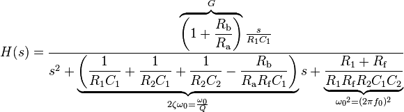 H(s) = \frac{\overbrace{\left(1+\frac{R_\mathrm{b}}{R_\mathrm{a}}\right)}^{G} \frac{s}{R_1 C_1}}{s^2 +
  \underbrace{\left( \frac{1}{R_1 C_1} + \frac{1}{R_2 C_1} + \frac{1}{R_2 C_2} - \frac{R_\mathrm{b}}{R_\mathrm{a} R_\mathrm{f} C_1} \right)}_{2 \zeta \omega_0 = \frac{\omega_0}{Q}} s +
  \underbrace{\frac{R_1 + R_\mathrm{f}}{R_1 R_\mathrm{f} R_2 C_1 C_2}}_{{\omega_0}^2 = (2\pi f_0)^2}}