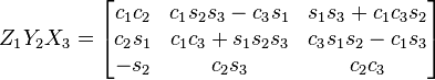 Z_1 Y_2 X_3 = \begin{bmatrix}
 c_1 c_2 & c_1 s_2 s_3 - c_3 s_1 & s_1 s_3 + c_1 c_3 s_2 \\
 c_2 s_1 & c_1 c_3 + s_1 s_2 s_3 & c_3 s_1 s_2 - c_1 s_3 \\
 - s_2 & c_2 s_3 & c_2 c_3 
\end{bmatrix}