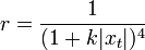 r=\frac{1}{(1+k|x_{t}|)^4}