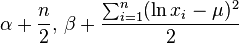 \alpha + \frac{n}{2},\, \beta + \frac{\sum_{i=1}^n (\ln x_i-\mu)^2}{2}\!