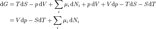 \begin{align}
\mathrm{d} G &= T\mathrm{d}S - p\,\mathrm{d}V + \sum_i \mu_i \,\mathrm{d} N_i + p \,\mathrm{d}V + V\mathrm{d}p - T\mathrm{d}S - S\mathrm{d}T\\
&= V\mathrm{d}p - S\mathrm{d}T + \sum_i \mu_i \,\mathrm{d} N_i
\end{align}