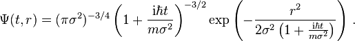 \Psi(t,r) = (\pi \sigma^2)^{-3/4} \left(1+\frac{\mathrm{i}\hbar t}{m \sigma^2}\right)^{-3/2} \exp\left(-\frac{r^2}{2 \sigma^2 \left(1+\frac{\mathrm{i}\hbar t}{m \sigma^2}\right)}\right) \,.