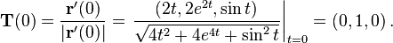 \mathbf{T}(0)=\frac{\mathbf{r}^\prime(0)}{|\mathbf{r}^\prime(0)|}=\left.\frac{(2t,2e^{2t},\sin{t})}{\sqrt{4t^2+4e^{4t}+\sin^2{t}}}\right|_{t=0}=(0,1,0)\,.