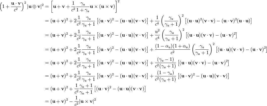 \begin{align}\left(1+\frac{\mathbf u \cdot \mathbf v}{c^2}\right)^2|\mathbf u \oplus \mathbf v|^2 &= \left[ \mathbf u + \mathbf v + \frac{1}{c^2}\frac{\gamma_u}{1+\gamma_u}\mathbf u \times(\mathbf u \times \mathbf v)\right]^2\\

&=(\mathbf u + \mathbf v)^2 +2\frac{1}{c^2} \frac{\gamma_u}{\gamma_u + 1}  \left[(\mathbf u \cdot \mathbf v)^2-(\mathbf u\cdot\mathbf u)(\mathbf v\cdot\mathbf v)\right] + \frac{1}{c^4}\left(\frac{\gamma_u}{\gamma_u + 1}\right)^2\left[(\mathbf u\cdot\mathbf u)^2(\mathbf v \cdot \mathbf v) - (\mathbf u\cdot \mathbf v)^2(\mathbf u\cdot \mathbf u)\right]\\

&=(\mathbf u + \mathbf v)^2 +2\frac{1}{c^2} \frac{\gamma_u}{\gamma_u + 1}  \left[(\mathbf u \cdot \mathbf v)^2-(\mathbf u\cdot\mathbf u)(\mathbf v\cdot\mathbf v)\right] 
+ \frac{u^2}{c^4}\left(\frac{\gamma_u}{\gamma_u + 1}\right)^2\left[(\mathbf u\cdot\mathbf u)(\mathbf v \cdot \mathbf v) - (\mathbf u\cdot \mathbf v)^2\right]\\

&=(\mathbf u + \mathbf v)^2 +2\frac{1}{c^2} \frac{\gamma_u}{\gamma_u + 1}  \left[(\mathbf u \cdot \mathbf v)^2-(\mathbf u\cdot\mathbf u)(\mathbf v\cdot\mathbf v)\right] 
+ \frac{(1-\alpha_u)(1+\alpha_u)}{c^2}\left(\frac{\gamma_u}{\gamma_u + 1}\right)^2\left[(\mathbf u\cdot\mathbf u)(\mathbf v \cdot \mathbf v) - (\mathbf u\cdot \mathbf v)^2\right]\\

&=(\mathbf u + \mathbf v)^2 +2\frac{1}{c^2} \frac{\gamma_u}{\gamma_u + 1}  \left[(\mathbf u \cdot \mathbf v)^2-(\mathbf u\cdot\mathbf u)(\mathbf v\cdot\mathbf v)\right] 
+ \frac{(\gamma_u-1)}{c^2(\gamma_u + 1)}\left[(\mathbf u\cdot\mathbf u)(\mathbf v \cdot \mathbf v) - (\mathbf u\cdot \mathbf v)^2\right]\\

&=(\mathbf u + \mathbf v)^2 +2\frac{1}{c^2} \frac{\gamma_u}{\gamma_u + 1}  \left[(\mathbf u \cdot \mathbf v)^2-(\mathbf u\cdot\mathbf u)(\mathbf v\cdot\mathbf v)\right] 
+ \frac{(1-\gamma_u)}{c^2(\gamma_u + 1)}\left[(\mathbf u\cdot \mathbf v)^2 - (\mathbf u\cdot\mathbf u)(\mathbf v \cdot \mathbf v)\right]\\

&=(\mathbf u + \mathbf v)^2 +\frac{1}{c^2} \frac{\gamma_u+1}{\gamma_u + 1}  \left[(\mathbf u \cdot \mathbf v)^2-(\mathbf u\cdot\mathbf u)(\mathbf v\cdot\mathbf v)\right]\\

&=(\mathbf u + \mathbf v)^2 -\frac{1}{c^2}  |\mathbf u \times \mathbf v|^2

\end{align}