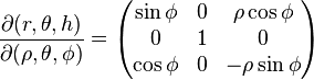 
\frac{\partial(r, \theta, h)}{\partial(\rho, \theta, \phi)} =
\begin{pmatrix}
\sin\phi & 0 & \rho\cos\phi  \\
0        & 1 &   0           \\
\cos\phi & 0 & -\rho\sin\phi
\end{pmatrix}
