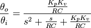 \frac{\theta_o}{\theta_i} = \frac{\frac{K_p K_v}{R C}}{s^2 + \frac{s}{R C} + \frac{K_p K_v}{R C}}