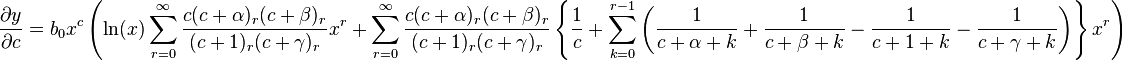 \begin{align}
 \frac{\partial y}{\partial c} &= b_0 x^c \left (\ln(x) \sum_{r = 0}^\infty \frac{c(c + \alpha)_r (c + \beta)_r}{(c + 1)_r (c + \gamma)_r} x^r +\sum_{r = 0}^\infty \frac{c(c + \alpha)_r (c + \beta)_r}{(c + 1)_r (c + \gamma)_r} \left\{\frac{1}{c} + \sum_{k = 0}^{r - 1} \left(\frac{1}{c + \alpha + k} + \frac{1}{c + \beta + k} - \frac{1}{c + 1 + k} - \frac{1}{c + \gamma + k} \right) \right\} x^r \right )
\end{align}