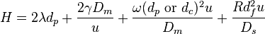 H = 2\lambda d_p + {2\gamma D_m \over u} + {\omega(d_p \mbox{ or } d_c)^2 u \over D_m}+{Rd_f^2 u \over D_s}