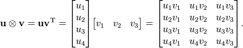 \mathbf{u} \otimes \mathbf{v} = \mathbf{u} \mathbf{v}^\mathrm{T} =
\begin{bmatrix}u_1 \\ u_2 \\ u_3 \\ u_4\end{bmatrix}
\begin{bmatrix}v_1 & v_2 & v_3\end{bmatrix} =
\begin{bmatrix}u_1v_1 & u_1v_2 & u_1v_3 \\ u_2v_1 & u_2v_2 & u_2v_3 \\ u_3v_1 & u_3v_2 & u_3v_3 \\ u_4v_1 & u_4v_2 & u_4v_3\end{bmatrix}.