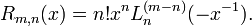 R_{m,n}(x)= n! x^n L_n^{(m-n)}(-x^{-1}).