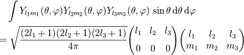 
\begin{align}
& {} \quad \int Y_{l_1m_1}(\theta,\varphi)Y_{l_2m_2}(\theta,\varphi)Y_{l_3m_3}(\theta,\varphi)\,\sin\theta\,\mathrm{d}\theta\,\mathrm{d}\varphi \\
&  =
\sqrt{\frac{(2l_1+1)(2l_2+1)(2l_3+1)}{4\pi}}
\begin{pmatrix}
  l_1 & l_2 & l_3 \\[8pt]
  0 & 0 & 0
\end{pmatrix}
\begin{pmatrix}
  l_1 & l_2 & l_3\\
  m_1 & m_2 & m_3
\end{pmatrix}
\end{align}
