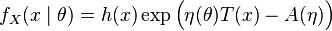  f_X(x\mid \theta) = h(x) \exp\Big(\eta({\theta}) T(x) - A({ \eta})\Big) 