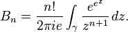  B_n = \frac{n!}{2 \pi i e} \int_{\gamma} \frac{e^{e^z}}{z^{n+1}} \, dz. 