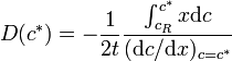 D(c^*) = - \frac{1}{2 t} \frac{\int^{c^*}_{c_R} x \mathrm{d}c}{(\mathrm{d}c/\mathrm{d}x)_{c=c^*}}