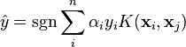 \hat{y} = \sgn \sum_i^n \alpha_i y_i K(\mathbf{x}_i, \mathbf{x}_j)