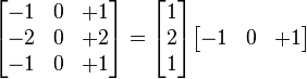 
\begin{bmatrix} 
-1 & 0 & +1 \\
-2 & 0 & +2 \\
-1 & 0 & +1
\end{bmatrix}
=
\begin{bmatrix}
1\\
2\\
1
\end{bmatrix}
\begin{bmatrix}
-1 & 0 & +1
\end{bmatrix}
 